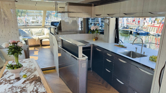 The U-shaped galley only leaves room for a narrow walkway