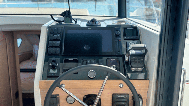 A yacht-style wheel is par for the course on a Swift Trawler