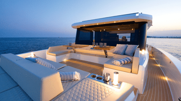 The foredeck lounge is broad, safe and very versatile