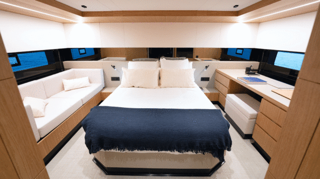 Like the big forward VIP, the owner’s midships cabin is broad, bright and open