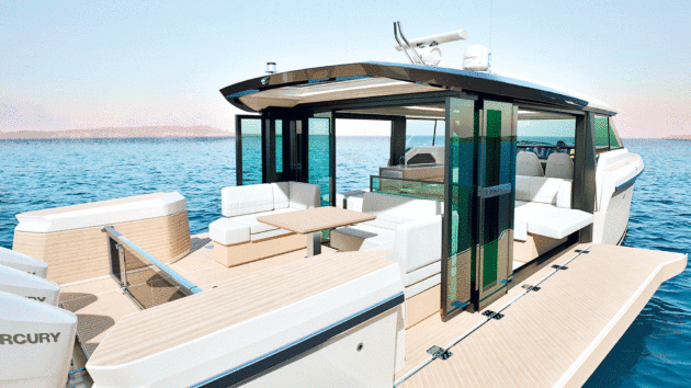 The full-beam pilothouse opens wide, both at the sides and the aft end