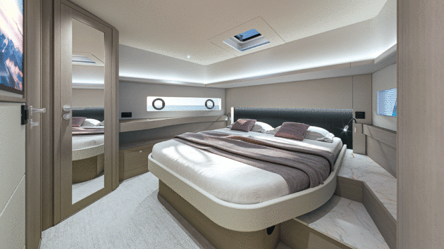 The owner’s bow cabin is nicely proportioned