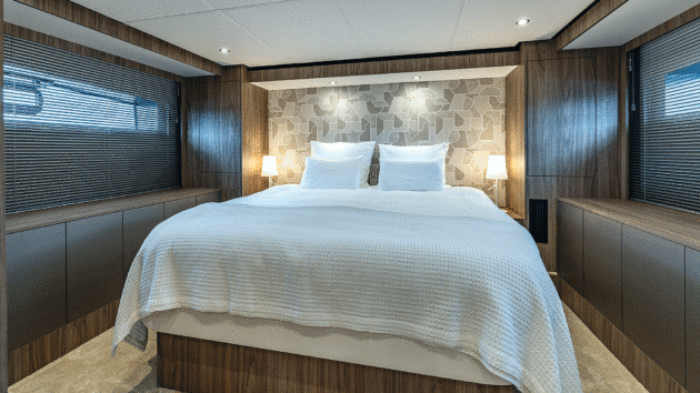 The standard layout features three cabins and two bathrooms 