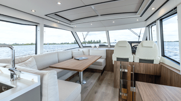 A starboard staircase frees up space for extra seating forward