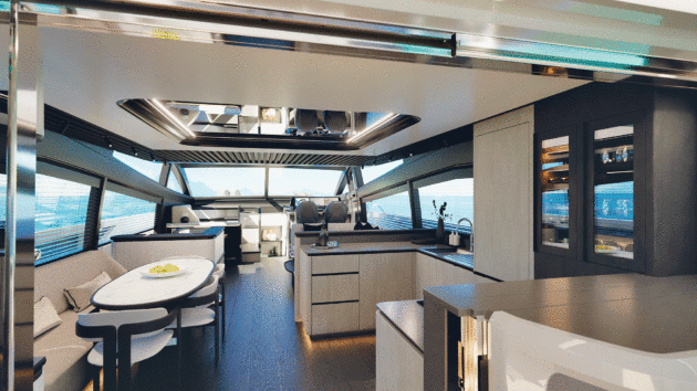 The new main deck layout has the galley aft next to an oval dining table