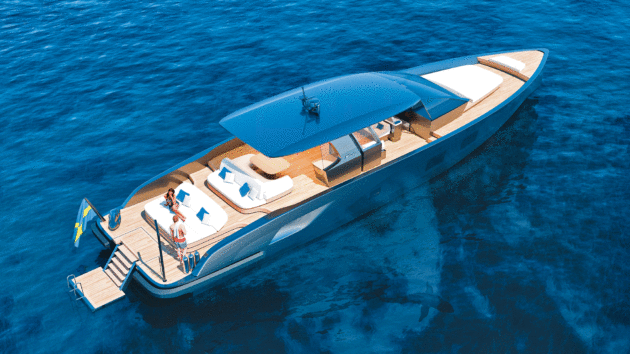 Stackable glass side doors enable the enclosed helm area to be opened up to the elements in fine weather