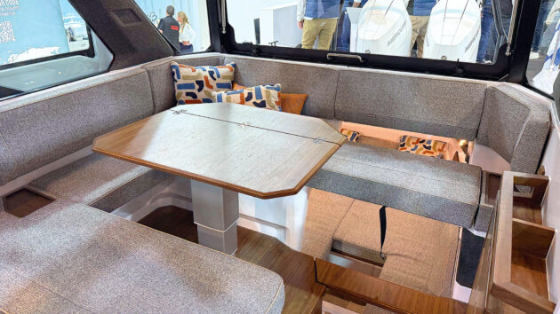 The dinette converts to a bed or two rows of forward-facing seats