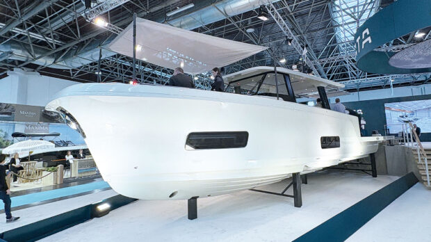 The Aiata Sunfinder 50 on a stand at Dusseldorf boat show