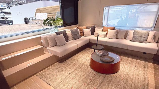 The upper saloon, galley and helm with the optional Lissoni package