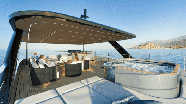 The fly adds sheltered seats, aft sunbeds and an optional jacuzzi