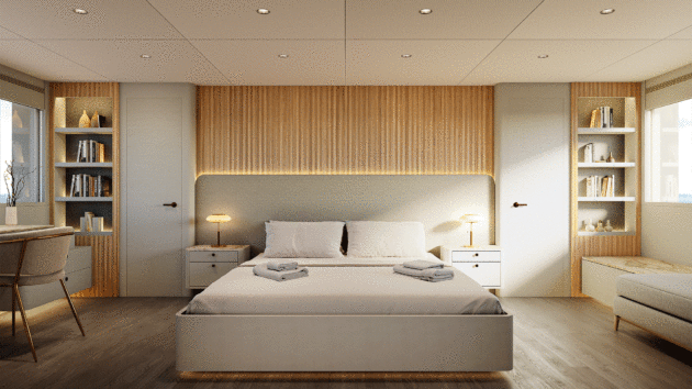 main deck master suite render with big bed