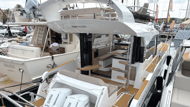 The superstructure is offset to create a wider starboard deck 