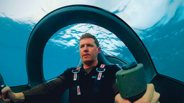 Someone holding the controls in the cockpit under water