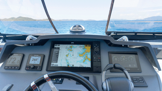 The Aquila’s central flybridge helm enjoys great visibility
