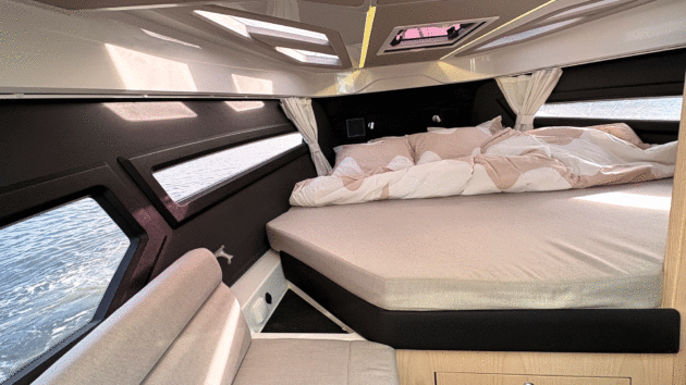 But with its big bed, angular rooflights and plunging hull windows, the bow cabin is much more pleasing