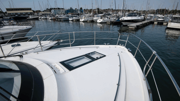 The V-shaped foredeck sunbed provides a decent space for two people