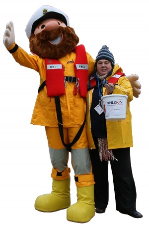 RNLI mascot Stormy Stan helps rattle the buckets for SOS day in Poole