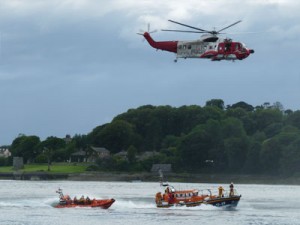 Portaferry and Newcastle RNLI lifeboats with Irish Coast Guard helicopter on exercise