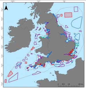 Map showing all MCZs recommended by Regional MCZ Projects, MCZs proposed for designation in 2013, Special Areas of Conservation (with marine component) and Special Protection Areas (with marine component