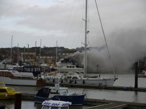 The burning motor cruiser at East Cowes