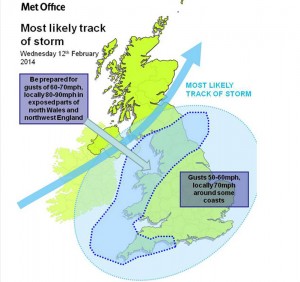 Met Office forecast Storm track Wednesday 12 February 2014