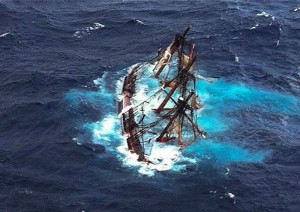 The Bounty, photographed from a Coast Guard aircraft above, before the vessel sank