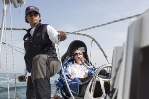 Hilary Lister British quadriplegic sailor and Nashwa Al Kindi (OMA) shown here finishing their trans-ocean crossing from Mumbai - Muscat. Oman. Onboard a specially adapted Dragonfly trimaran. Credit - Lloyd Images