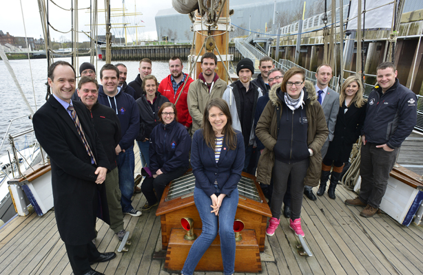 Group shot - Princes Trust, Ocean Youth Trust Scotland staff, volunteers and young people aboard Spirit, 9th April 2014