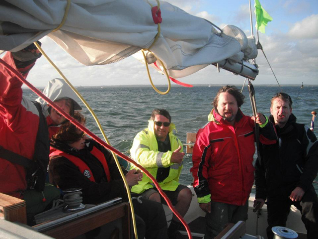 Moonstone-Practising by taking part in the Round the Isle of Wight race (left to right) Bradley Gardner, Esther Silver, Mark Gardner, Tim GaTim Gardner (second from right) practising by taking part in the Round the Island race with Bradley Gardner, Esther Silver, Mark Gardner and Phil Miles