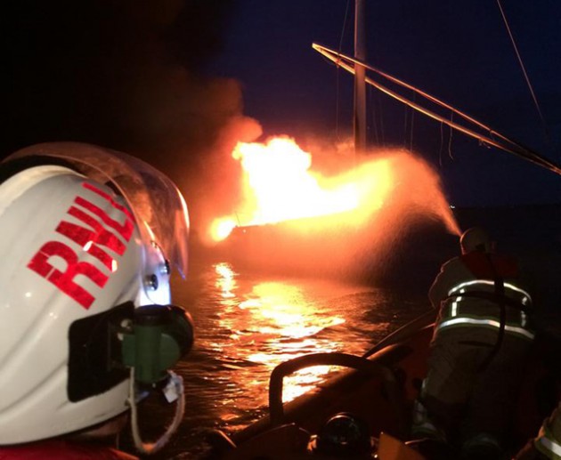 Yacht ablaze off Kilkeel. Credit: RNLI/Kilkeel