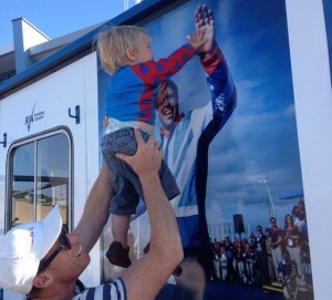 Hamish Simpson gives it the large with his Daddy after a short training session for Freddie today - getting ready for his first sailing race ever at Bart's Bash