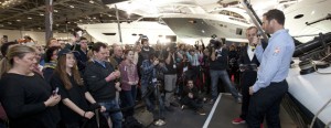 Sir Ben Ainslie (right) answers questions with sailing commentator Andy Green during the live Q&A on the J.P. Morgan BAR stand at the London Boat Show 2014, ExCel, London.