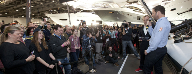 Sir Ben Ainslie (right) answers questions with sailing commentator Andy Green during the live Q&A on the J.P. Morgan BAR stand at the London Boat Show 2014, ExCel, London.