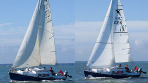 The boat on the left is sailing with old sails, the boat on the right is sailing with new sails
