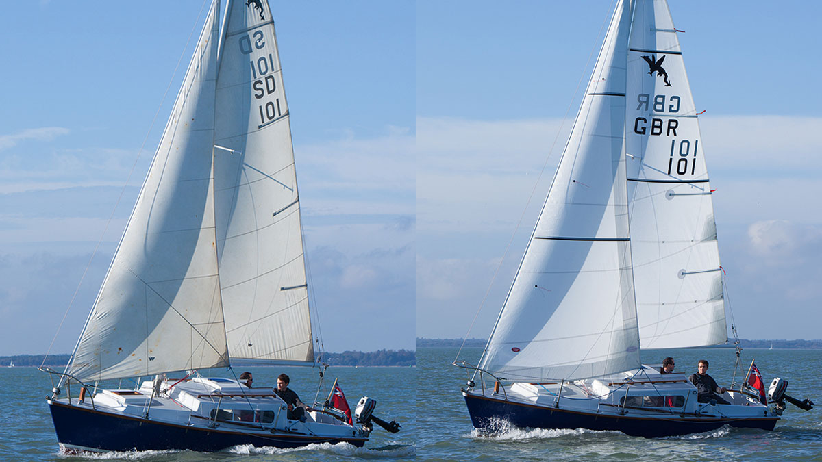 The boat on the left is sailing with old sails, the boat on the right is sailing with new sails