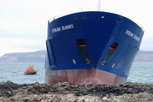 Tobermory lifeboat stand by the stricken Lysblink Seaways. Credit: Jon Haylett/Kilchoan Diary