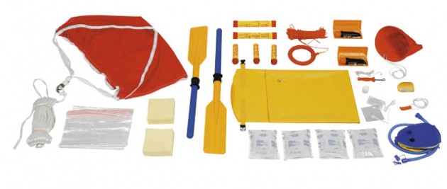 This is the kit included inside an average ISO 9650 liferaft – drogue, foil blankets, sponges, paddles, flares, torches, throwing line, knife, seasickness pills, whistle, repair patches, pump, drinking water, torch, bailer and signalling kit. Many rafts aren’t this well stocked, so a carefully packed grab bag will give you the essential items you will need
