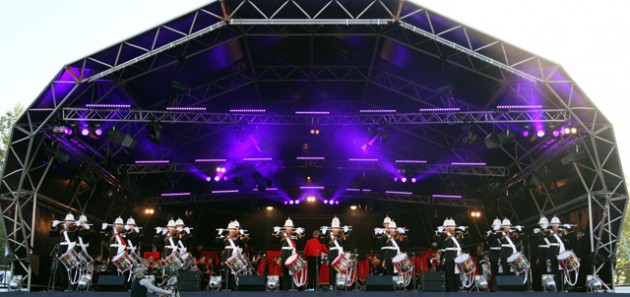 South Coast Proms 2013 performed by the Massed Bands of Her Majestry's Royal Marines under the direction of the Principal Director of music Lieutenant Colonel Nick Grace OBE Royal Marines. Pictured the Corps of Drums. Photograph by Nicola Harper