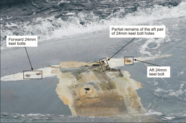 Cheeki Rafiki’s upturned hull taken by the crew of USS Oscar Austin in the afternoon of 23 May 2014. Courtesy of US Coast Guard