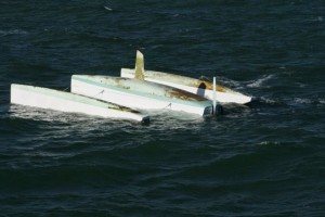 The hull of the upturned trimaran from which the couple were rescued