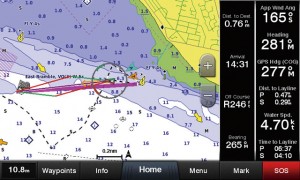 Downwind: gybing angles and laylines are displayed