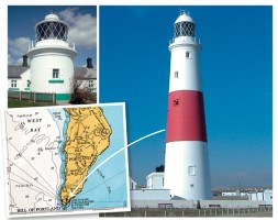 The stubby Anvil Point light (above left) and tall Portland Bill light (right) are very different in appearance, but their heights on the chart are pretty close (45m and 43m respectively)