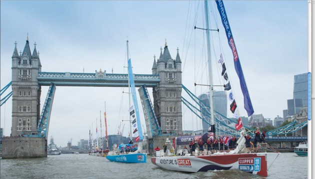 Clipper fleet depart London in front of Tower Bridge. Credit: Clipper Ventures