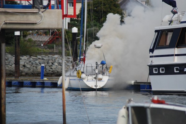 Yacht fire at Deganwy Quays Marina. Credit: David Taylor, Conwy Boat Tours