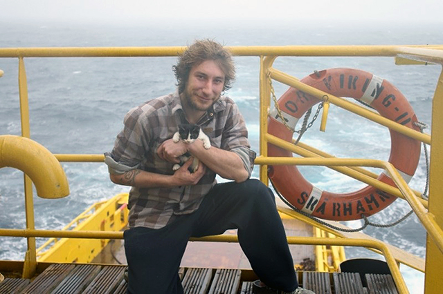 French sailor Emmanuel Wattecamps with his pet cat