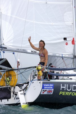 Lizzy Foreman at the finishing line of the Mini Transat Îles de Guadeloupe 2015. Credit Jacques Vapillon/Mini Transat Îles de Guadeloupe