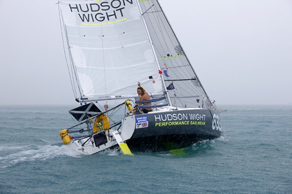 Lizzy Foreman at the finishing line of the Mini Transat Îles de Guadeloupe 2015. Credit Jacques Vapillon/Mini Transat Îles de Guadeloupe