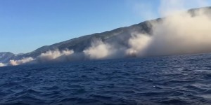 The landslides that affected Egremni Beach, Lefkada were captured on a video by a fisherman who was located on a boat just off the coast