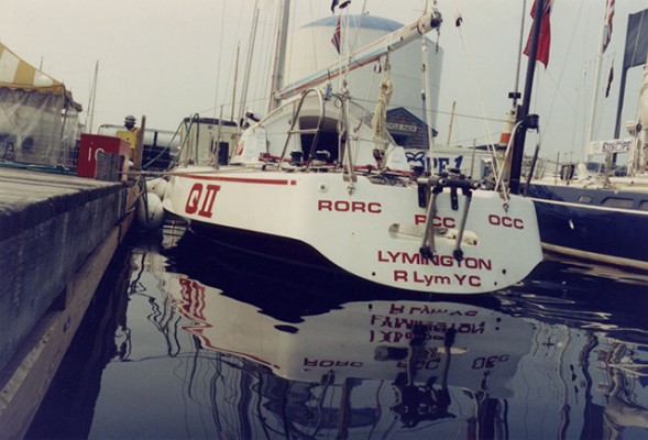 Mary Falk’s race boat Q II which she sailed solo in many races — round Britain, AZAB, OSTAR