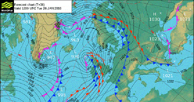 Forecast chart for midday on Tuesday 26 January 2016